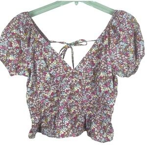 NWT Sim & Sam Cropped Floral 100% Cotton Top Blouse Burgundy Multi Size XL